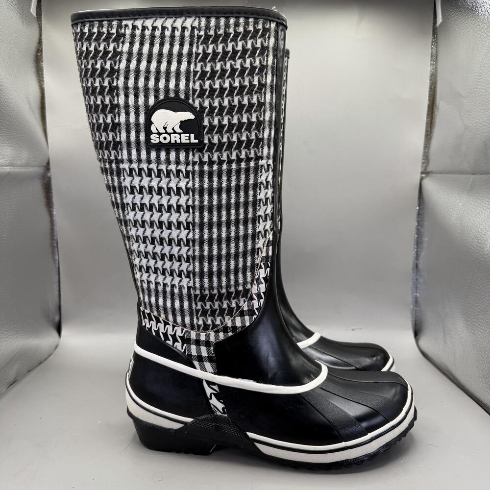 Sorel Tremblant Houndstooth Tall Rain Boots Womens Size 6 Black Waterproof Fall